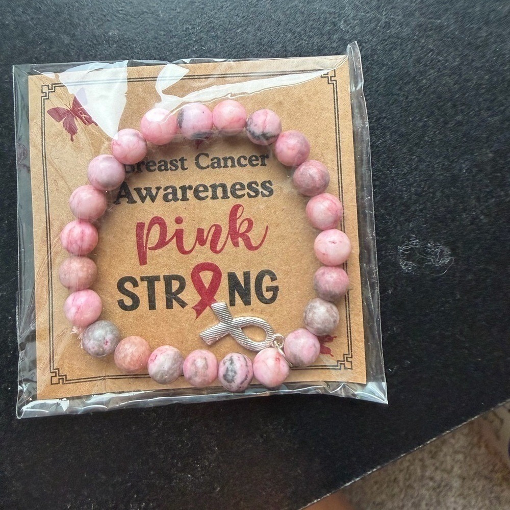 Breast Cancer Awareness Pink Strong Beaded Stretch Bracelet Silver Ribbon Charm